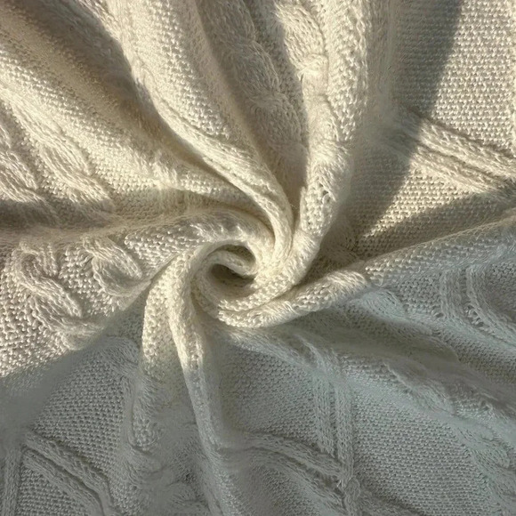 White Casual Women's Deep Round Neck Cable Knit Loose Pullover Sweater - Picture 3 of 7